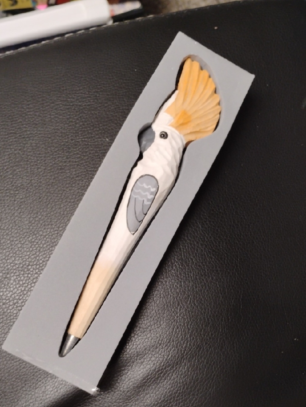 HAND CARVED WOODEN COCKATOO BALLPOINT PEN NEW IN PACKAGE